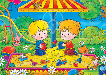 32286-Clipart-Illustration-Of-A-Cat-Near-A-Boy-And-Girl-Playing-In-A-Sandbox-In-A-Park